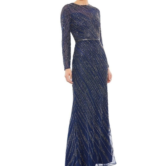 NWOT Mac Duggal 5240 Long Sleeve Beaded Column Gown Midnight Navy Blue Size 6 - Picture 1 of 12